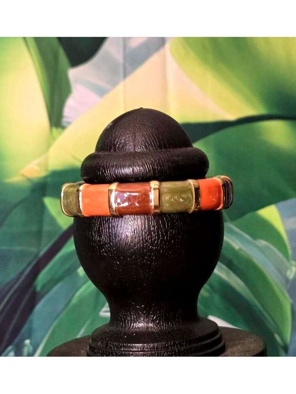 Enamel Hinge Bangle Bracelet Orange Green Gold Tone